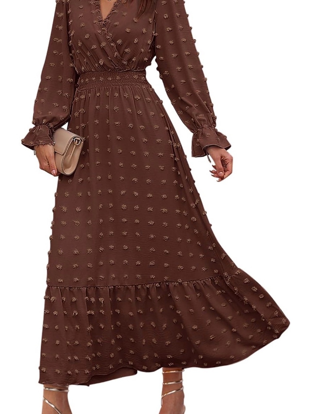 Women's Brown Maxi Dress with Smocked Waist and Ruffle Hem